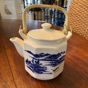 Vintage Blue Willow Teapot with Bamboo Handle